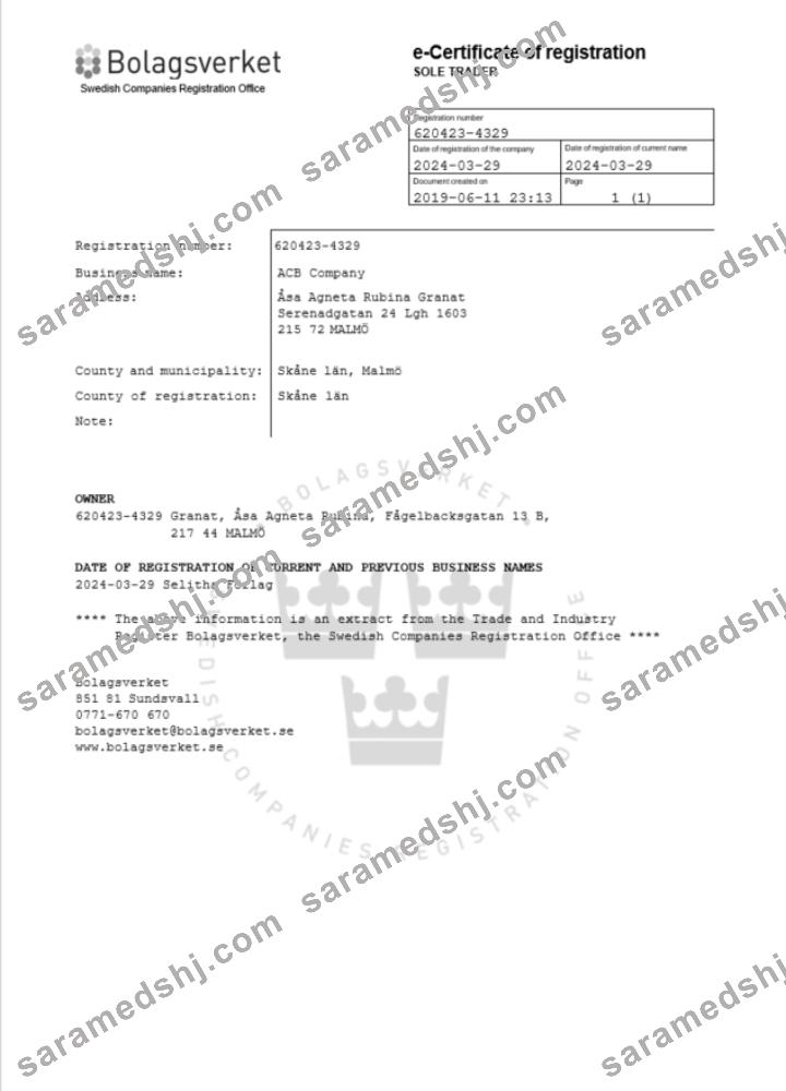 Sweden certificate of registration Word and PDF template